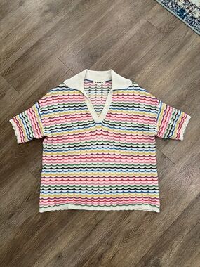 Boden Scallop Stripe Collared Henley Small